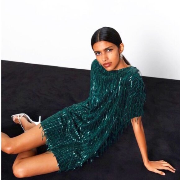 💥SHOWSTOPPER💥1920's Flapper Style Sequin & Fringe Cocktail Dr in Emerald Green - Picture 4 of 16